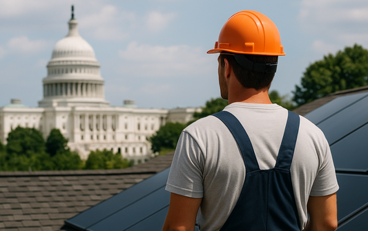 solar installer standing on a roof, looking at the capitol building.