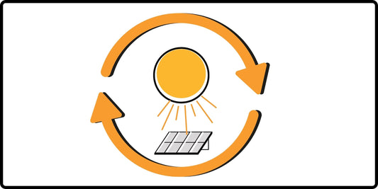 Illustration of a bright sun shining down on a solar panel. Arrows surrounding the solar panel form a circular pattern, representing the continuous flow of renewable energy.