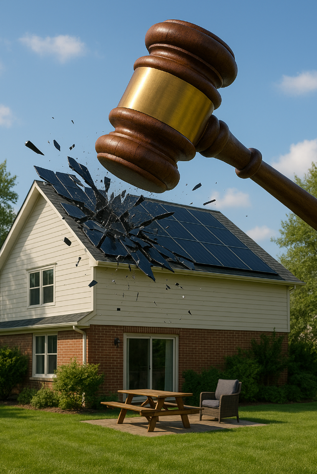 Solar panels on a home, being smashed by a gavel.